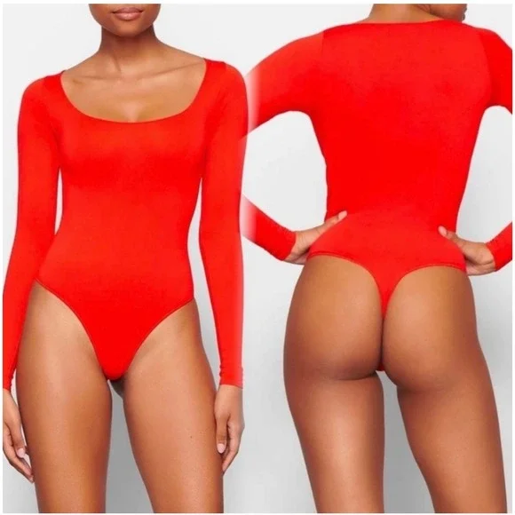 SKIMS Jelly Sheer Long Sleeve Bodysuit Poppy Square Neck XL - Picture 1 of 8